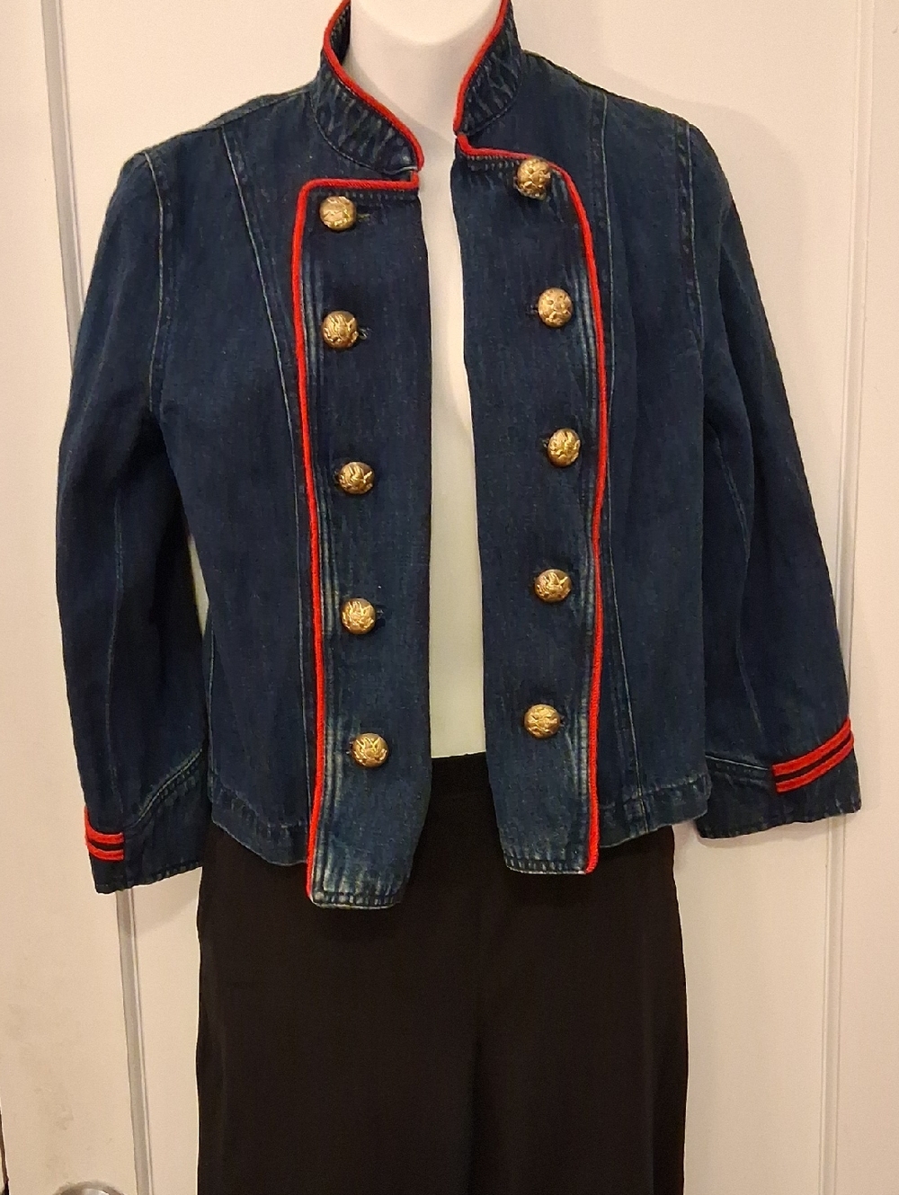 Vintage Ralph Lauren Navy Denim Military-Style Blazer w Red Trim & Gold Buttons